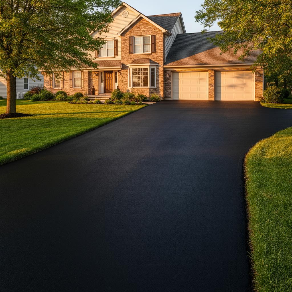 Freshly sealcoated two-car residential driveway in Birmingham, MI with crisp edges along the lawn