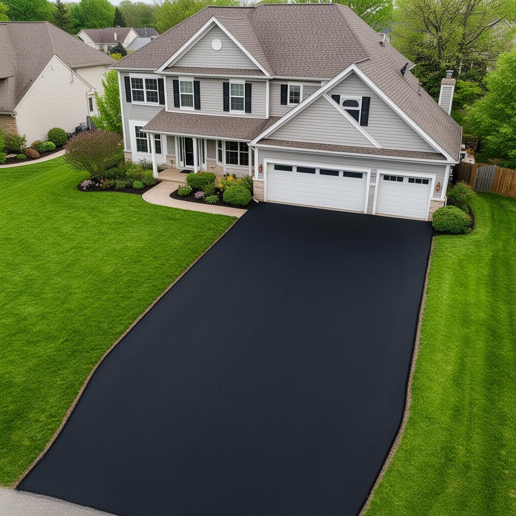 Aerial view of a large freshly sealcoated three-car residential driveway with a deep black finish and crisp edges along a green lawn