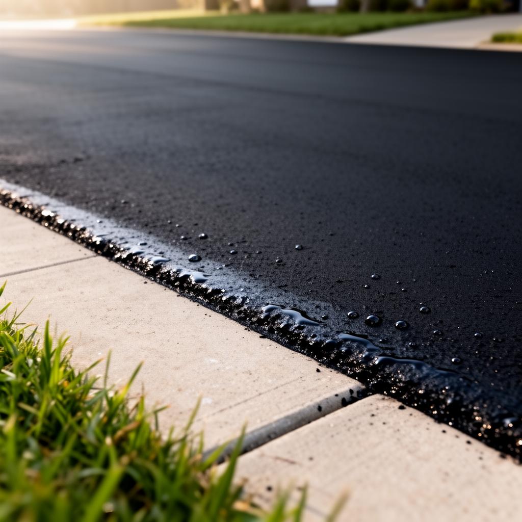 Close-up of a freshly sealcoated asphalt driveway with a clean cut-in edge against a concrete walkway